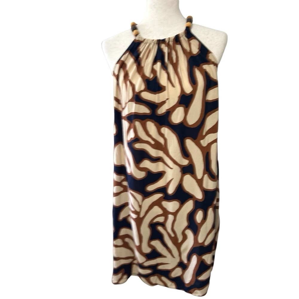 MSK Beaded Halter Navy Tan Midi Summer Dress Tropical Print Size Large Beach
